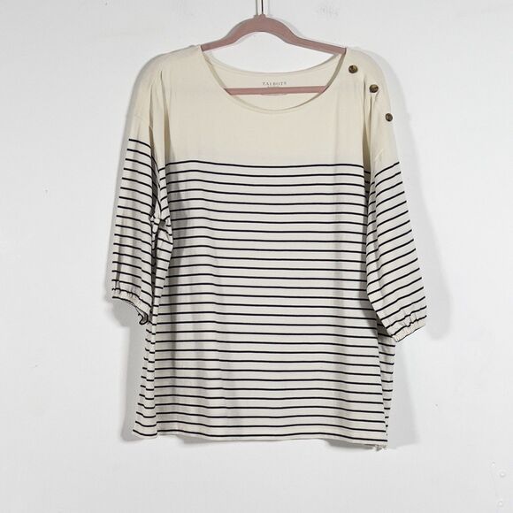 Talbots Plus Top Blouse Womens Sz 2XP Beige Striped Button Detail Short Sleeve - Picture 1 of 8